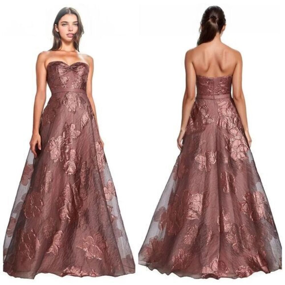 Rene Ruiz Strapless Metallic Floral Fil Coupe Gown Size 10 $2895